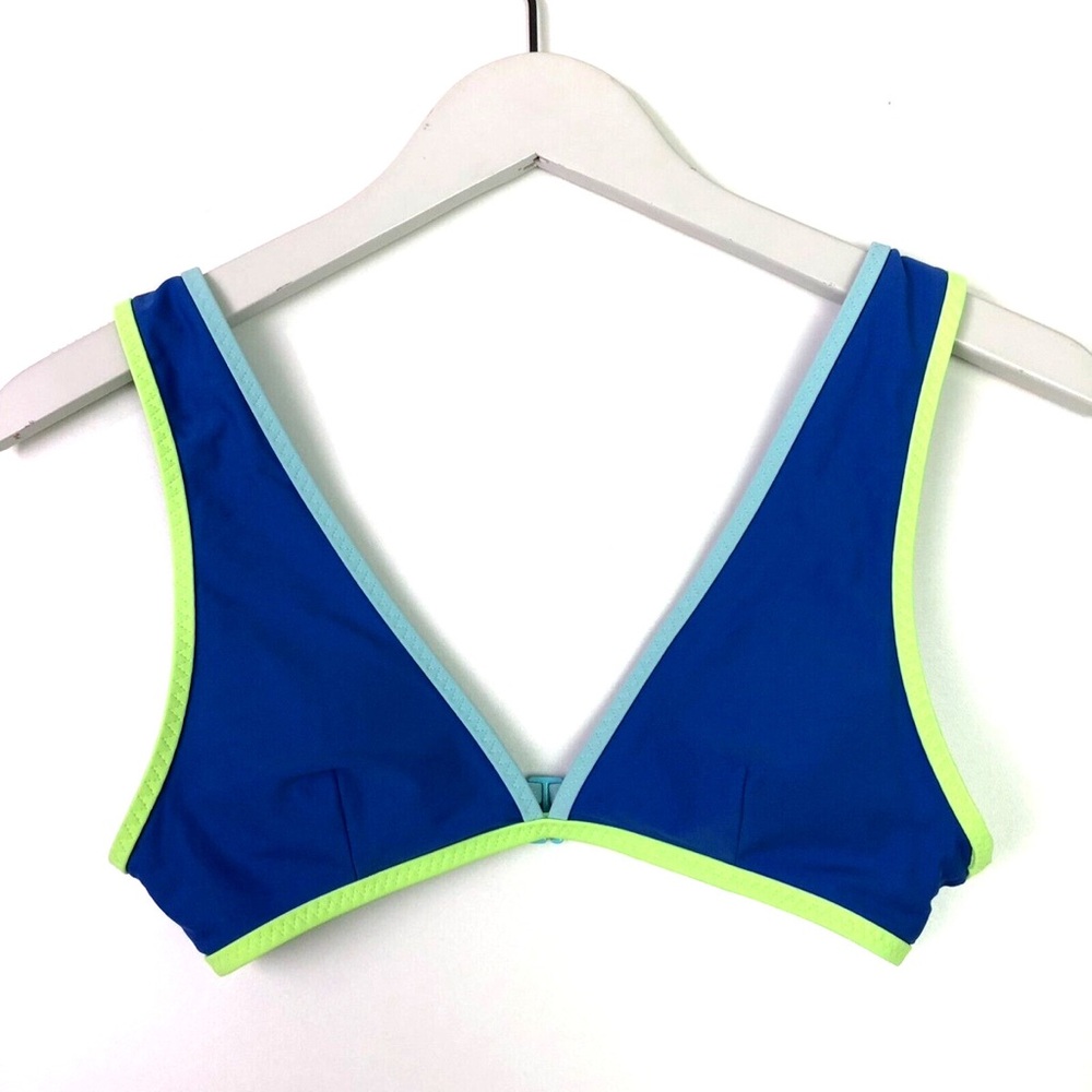 NEW AERIE SCOOP BIKINI TOP S BLUE GREEN BRIGHT NEON CONTRAST TRIM COLOR BLOCK